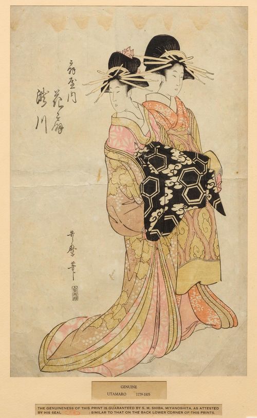 KITAGAWA UTAMARO (1750-1806). Ôban. Two Bijin. Signed: Utamaro hitsu. Publisher: Izumi-ya Ichibei. Framed under glass. Somewhat wrinkled.