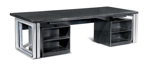 OSVALDO BORSANI (1911 - 1985), DESK, circa 1975 for Tecno. Aluminum, black-lacquered wood and black leather. With 2 drawer cabinets on castors. 250x120 cm. Traces of wear.