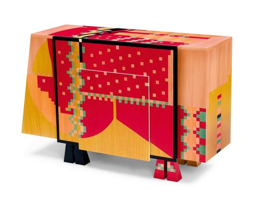 ALESSANDRO MENDINI (1931), CHEST OF DRAWERS, model "Calamobio", circa 1985 for Studio Alchimia ed. Polychrome colored plywood. One of an edition of 5. 130x40x84 cm. With certificate.