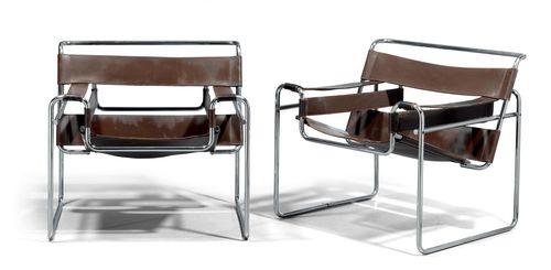 BREUER, MARCEL (1902 - 1981) PAIR OF ARMCHAIRS, "B3 Wassily" model, designed in 1925/26 for Thonet. Chromed steel frame and brown leather. 72x77x70 cm. Re-issued ca. 1970.