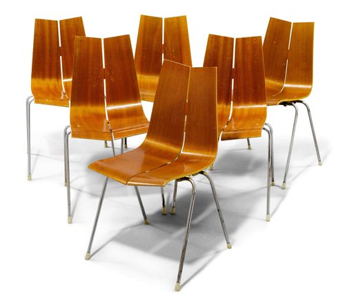 HANS BELLMANN (1911 - 1990) SET OF 6 STACKABLE CHAIRS,  "GA" model, designed in 1955 for Horgenglarus. Plywood and chromed metal. 41x45x86 cm.