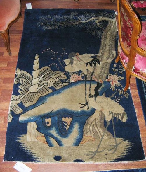 CHINA antique. Blue ground with two cranes and plants.  Good condition. 178x105 cm.