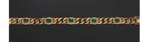 PAIR OF EMERALD, RUBY AND DIAMOND-BRACELETS, E MEISTER. Yellow gold 750. Classic bracelets decorated with 5 oval emerald cabochons and ruby cabochons in diamond surround. Total weight of emeralds ca. 5.00 ct, of rubies ca. 8.00 ct and of the 140 brilliant-cut diamonds ca. 1.40 ct. L ca. 18 cm. Matches previous lot