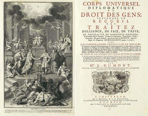 JURISPRUDENCE. - Du Mont, Jean, Baron de Carlscroon u. J. Rousset. Corps universel diplomatique du droit des gens; contenant un recueil des traitez d'alliance, des paix, de treve, de neutralité, de commerce, d'échange...avec les capitulations imperiales et royales;...les droits et les interets des princes et etats de l'Europe. 8 Parts in 10 volumes. Amsterdam, Brunel and Wetstein and Den Haag, Husson and Levier, 1726-1731. Folio title in red and black with engraved title vignette and engraved frontispiece by B. Picart, 1 engraved plate with the depiction of a Janus temple and numerous engraved antique medaillons. Very nice contemporary light brown calf's leather with rich floral spine gilding and embossed ends as well as contemporary library label (minor rubbing, a few minute insignificant scratches). - Included insert: [Saint-Prest, Jean-Yves de]. 2 volumes. Amsterdam, Bernard and Den Haag, Vaillant et Prevost, 1725. Folio title in red and black with 2 engraved title vignettes. Light brown contemporary calf's leather with floral spine gilding and embossed Stehkanten (minor rubbing, some insignificant worming, minor tearing on spine of volume 1). Brunet II, 880 f. Rothschild, Catalog of books III, 339 ff. - Very rare first edition of the most important work on jurisprudence and political science from the time of Louis V. - Occasional slight browning and foxing, otherwise extraordinary well preserved complete specimen in classic and very representative French one-volume edition of the first half of the 18th century. From the collection of a book lover in Bern.