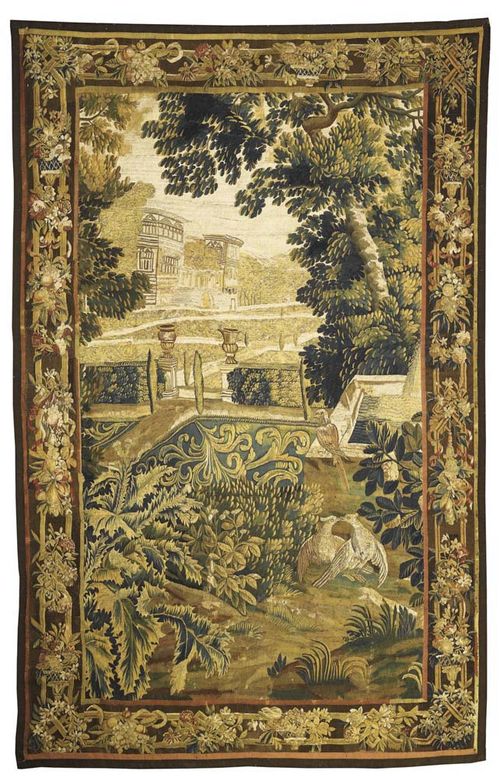 FLEMISH TAPESTRY, circa 1700. Depicting idealised park landscape with turtle doves and castle. H 253 cm, W. 160 cm. Provenance: Private collection, Frankfurt Well preserved colours