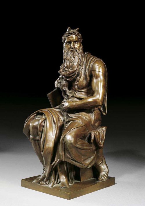 BARBEDIENNE, F. (Ferdinand Barbedienne, Saint-Martin de Fresney 1810-1892 Paris), after the sculpture of Moses by Michelangelo in San Pietro, Rome. Paris, end of the  19th century Burnished bronze. Signed F. BARBEDIENNE FONDEUR, with foundry stamp H 41 cm. Provenance: Private collection, Switzerland.