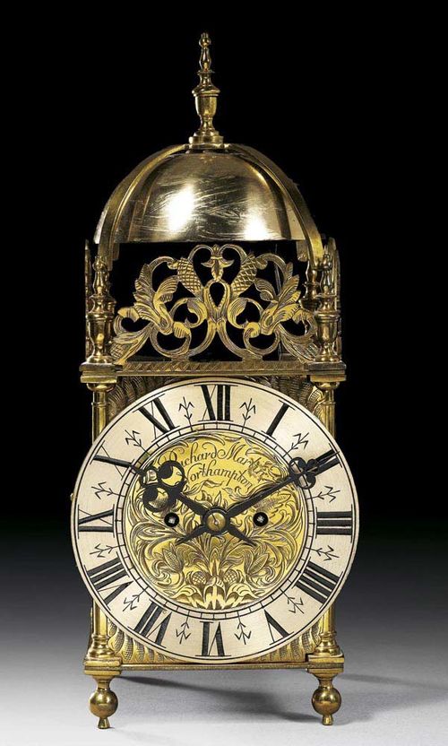 LATERN CLOCK, late Baroque, the dial signed RICHARD MARTIN NORTHHAMPTON (active 19th century in England), England, 19th century Gilt bronze and brass. With silver-plated bronze chapter ring, fine brass movement with 4/4 striking on 2 bells. 18x15x32 cm. Provenance: Swiss private collection