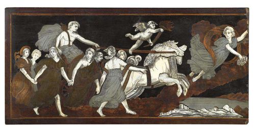 PANEL, Baroque, German, 18/19th century. Walnut, brass, pewter and ivory, engraved and finely inlaid with figure of Apolo in charriot surrounded by nymphs. Some losses. H 20 cm, W 40 cm. Provenance: Castle collection, South Germany.