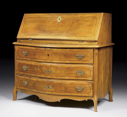 BUREAU, Louis XV, West Switzerland, 18th century. Walnut and local fruitwoods also finely inlaid, fall front over bombé drawer section with three drawers, fitted interior with drawers and compartments. Bronze and brass mounts114x60x(open 97)x113 cm. Provenance: Private collection, Zurich.