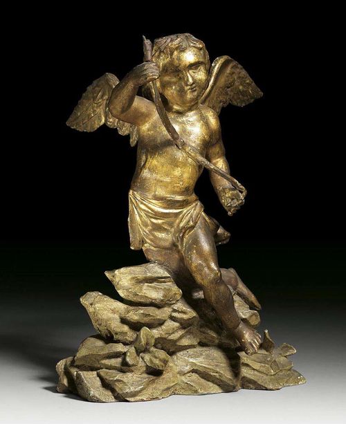 FIGURE OF CUPID, Louis XV, Italy, 18th century Carved giltwood. Some losses. H 36 cm.