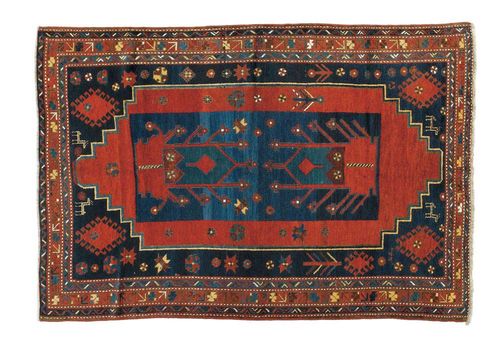 KAZAK old. Blue ground with red and blue central medallion, geometric patterned, narrow border. Good condition.235x154 cm.