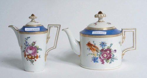 2 COFFEE POTS AND COVERS, Meissen Marcolini, circa 1780. Cylindrical shape with blower bouquets, shoulders in powder blue, picked out in gilding, crossed swords and star in underglaze-blue, 14 and 14,5cm. Small spot with glaze flaking.