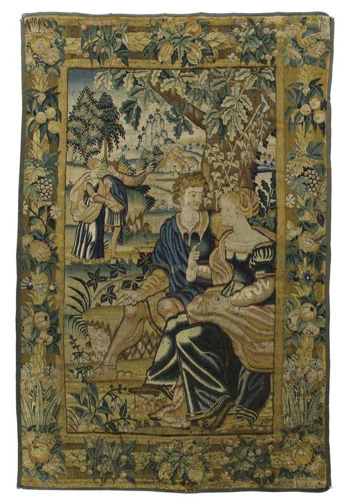WALL HANGING, Flemish, probably end of the  16th century With couples in park landscape. Fine fruit and foliate border. H 230 cm, W 150 cm.