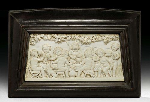 IVORY RELIEF, late Renaissance, probably Flemish, 19th century Depicting a bacchanal. Framed. 25x12 cm. Provenance: Private collection, Switzerland