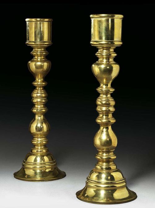 PAIR OF LARGE BRASS "SCHEIBENLEUCHTER" CANDLE HOLDERS, Late Baroque, German, end of the 19th century H 65 cm. Provenance: private collection, West Switzerland.