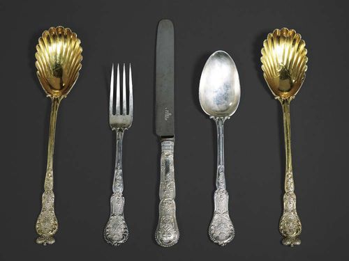 CUTLERY SET. London 1851/52. Maker's mark G.W. Adams. The handles richly decorated with scrolls and flowers. The front with crowned imperial coat of arms and the back with crowned initials. Comprising: 12 knives, 12 forks, 12 soup spoons and 4 gilt serving pieces.