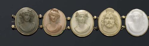 PAIR OF LAVA CAMEO BRACELETS, ca 1860. Metal gold-plated. Decorative bracelet consisting of 7 oval lava cameos in different colours, with intricately carved portraits of Roman goddesses, such as Diana, crescent with a small piece missing, Minerva, Mercury and Saturn as the God of Agriculture, possibly Flora and others, connected by bouton-like links. The second bracelet consists of 6 lava cameos with 5 antiqued portraits of ladies and 1 portrait in relief, fastener 14 K, with Austrian import mark, minimal solder joints. L ca 19.0 and 16.5 cm, respectively.