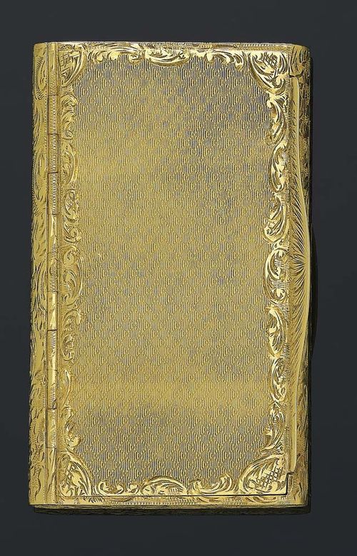 GOLD CIGARETTE CASE, (Buda)-Pest, ca 1900. Yellow gold 585, 78g. Rectangular, guilloche-decorated case, the corners and sides adorned with engraved spiral motifs, ca. 8 x 4.7 x 1 cm.