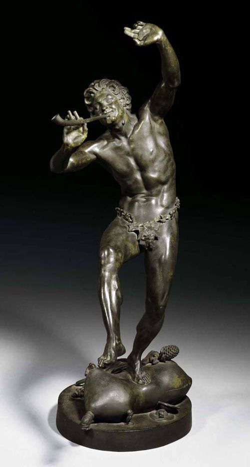LEQUESNE, E. (Le Quèsne, Eugène, 1815 Paris 1887), Paris circa 1870/80. "Le Faune dansant". Burnished bronze figure of dancing faun with flute set on round plinth. Signed E. LEQUESNE, with foundry mark SUSSES FRERES A PARIS. H 115 cm. Provenance: Swiss private collection