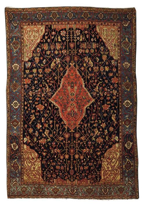FERAHAN antique. Dark blue central field with red central medallion and yellow corner motifs, the whole carpet geometric patterned with stylised floral motifs, blue border, slight wear, 200x140 cm.
