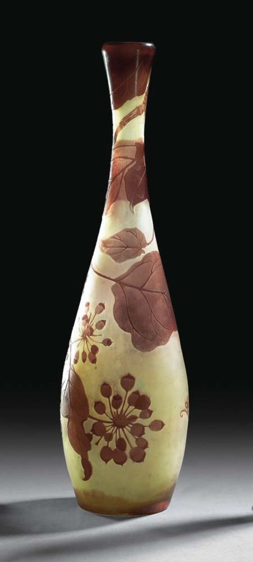 VASE,Gallé . Yellow glass with violet overlay and etched, signed Gallé, H. 33 cm.
