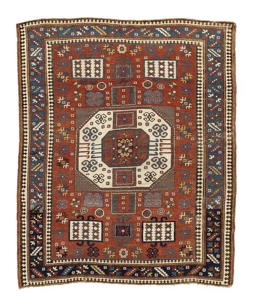 KARATCHOPH old. Red ground with white central medallion, typically patterned, blue border, signs of wear, 210x165 cm.