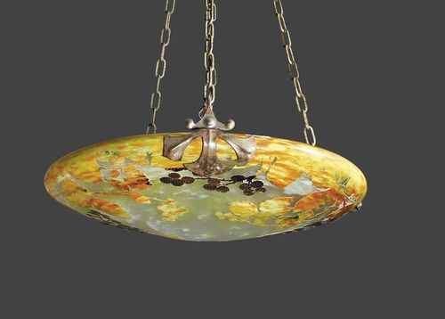 CHANDELIER, Daum, ca. 1900. Yellow glass with overlay, etched and finely enamelled with berries and leaves, original wrought iron mount,  D. 50 cm.