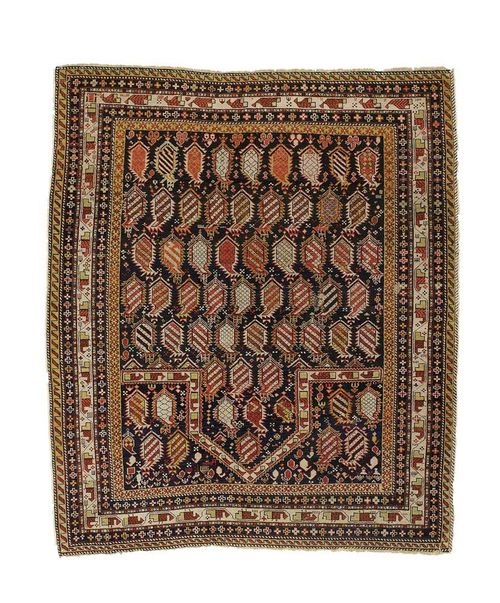 SHIRVAN old. Blue mihrab with boteh motifs in white and red, stepped border, restored, otherwise in good condition, 160x135 cm.