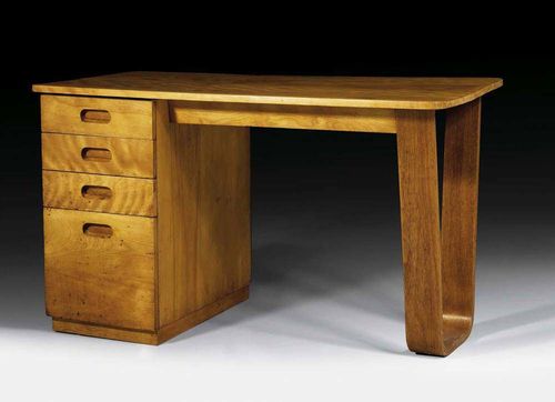 WRITING DESK, Marcel Breuer, 1938. First contract in the United States for Bryn Mawr College, Philadelphia USA. The top probably Limba wood with U-shaped support on drawer. 75x170x63 cm.