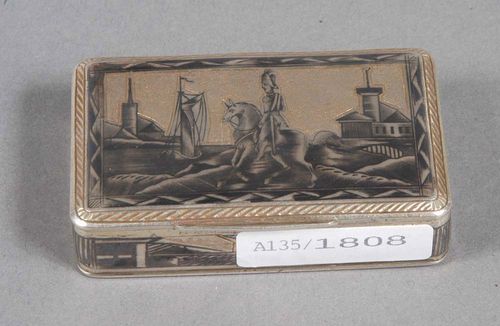 NIELLO BOX, Moscow 1835. With maker's and inspector's mark of Nikolai Lukitsch. Silver. Decorated with harbour scenes and uniformed rider, gilt interior.  6.8 x 4 x 1.5 cm.