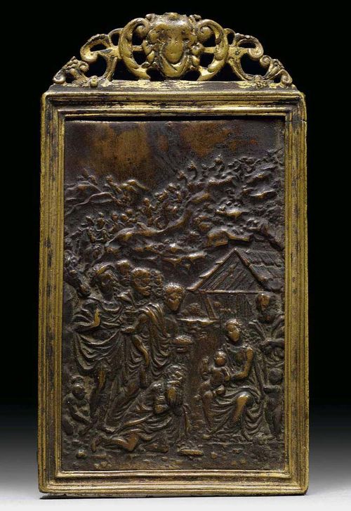 BAROQUE RELIEF PLAQUE, Northern Italy circa 1700. Burnished bronze, depicting the Three Kings. In finely gilt pierced bronze frame. H 14 cm, W 8 cm. Provenance: Private collection, Basel