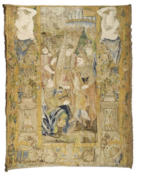 WALL HANGING "LA REMISE DES CLEFS", probably Spain or Portugal, end of 16th century. Polychrome embroidery in silk and wool. With rich armorial and floral and foliate decorated border.  H 300 cm, W. 220 cm. Provenance: Swiss private collection.