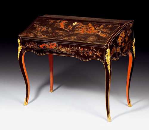 LACQUER LADY'S DESK,Louis XV, monogrammed FG (probably François Garnier, active between 1730 and 1774), Paris circa 1740/45. Wood lacquered on all sides in "goût chinois" with idealised landscape with birds, flowers and frieze on black ground. The interior with inlay of purpleheart and rosewood fillets. With fall front writing surface lined inside with wine red gold stamped leather. The fitted interior with 3 drawers, large writing compartment and further compartment. Fine gilt bronze mounts and sabots. Freestanding. 98x53x86x87 cm. Provenance: - Ader Paris auction on 25.2.1955 (Lot No. 33); sold for 850 000 FF. - French collection - Château de Vincy, West Switzerland.