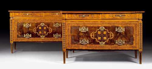 PAIR OF CHESTS OF DRAWERS,Louis XVI, Genoa circa 1780. Walnut, burlwood, cherry and local fruitwoods in veneer and finely inlaid with rosettes, cartouches, wave band and frieze. With 2 sans traverse drawers under 2 narrow drawers alongside each other. With later gilt bronze mounts. 125x63x81 cm. Provenance: - formerly Bernheimer collection, Munich. - Château de Vincy, West Switzerland.