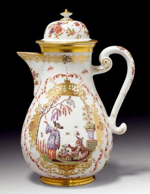 CHINOISERIE DECORATED COFFEE POT, Meissen, circa 1725.Probably painted by P.E. Schindler. Both sides painted with Chinese figures on a terrace within gold cartouche, with lustre reserves and iron red shaded foliate work, Indianische Blumen and insects in the alternate reserves, on the lid and spout. No mark. Gold number 21. on the underside of the pot. H 21.5cm. The handle and part of the edge glued, with hair crack on the end of the handle. Provenance: from a private collection, Solothurn