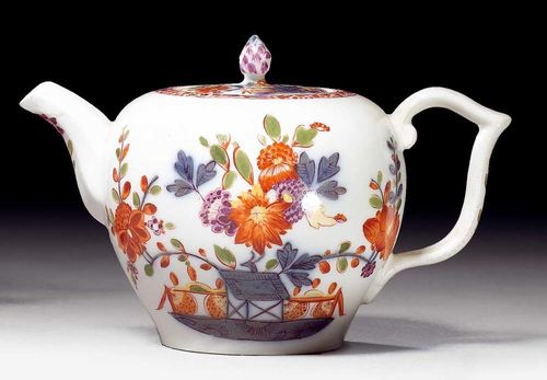 PART OF A TEASERVICE WITH "TISCHCHEN" PATTERN, Meissen, circa 1735-40.Painted in Imari style with Indianische Blumen over underglaze blue plinth with Tischchen heightened in gold in an iron red 'Bamberg' border with flowers in purple and yellow. Comprising: teapot with lid, seven cups and saucers and a mug with saucer. Underglaze blue sword marks with blue painter's mark, some impressed numbers. Small chips. Provenance: from a private collection, Solothurn