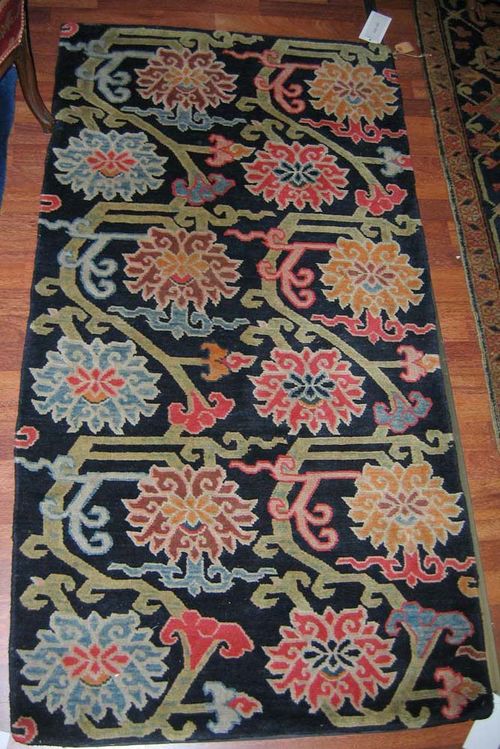 CHINA old. Dark blue ground with large floral medallions in pink, yellow and blue. Good condition. 91x167 cm.