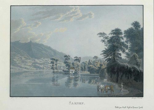 OBWALDEN.- Sarnen.- Rordorf, C. after Johann Jakob Wetzel. Published by Orell Füssli & company, Zurich. Contemporary coloured aquatint. 19 x 27.3 cm. From: The lakes of Switzerland, 1827. Gilded frame. - Very nice piece in perfect condition.