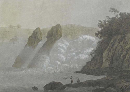 SCHAFFHAUSEN.- Bleuler, Heinrich (Zollikon 1758 - 1823 Feuerthalen). The Rhine Falls. Pen and ink drawing in brown, brown and grey washed, opaque white and water color. 38 x 53.5 cm. Bottom right marked, signed and dated with pen: Rhinfahl bëÿ Schafhause H.Bleüler de Feuerthalen beÿ Schafhausen 1789. Numbered bottom left: No. 5. - On contemporary paper backing. - Impressive close-up of the famous falls.
