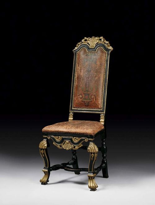 CHAIR. Louis XIV/XV, Sweden, beginning of the 18th century. Pierced and carved wood painted in black and gold, with fine worn leather covers with Moorish motif. 48x38x48x124 cm. Provenance: from a German collection.