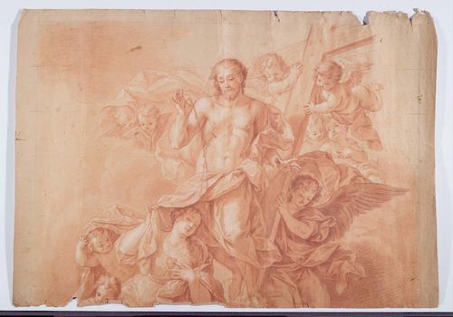 GERMAN.-Anonymous, 18th century. Christ arisen with putti and angel holding the cross. Red chalk drawing, heightened with white chalk. With pencil squares. 67 x 96 cm. - Very attractive large format preparatory drawing. The upper and lower edges torn and damaged. With several vertical creases and some foxing. Good overall impression.