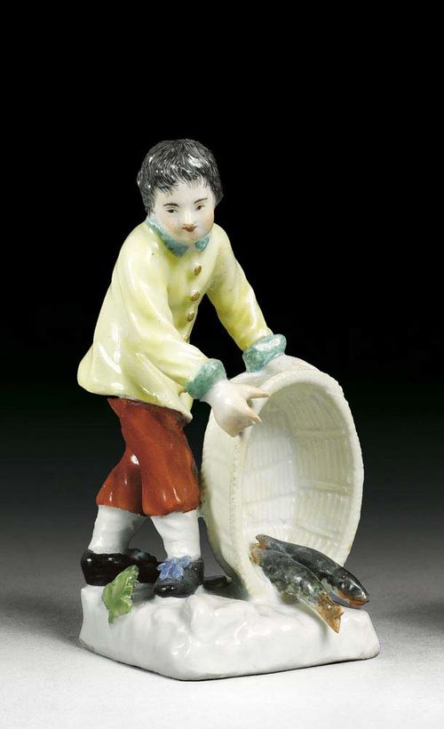 SMALL FISH SELLER, Meissen, circa 1745. Modelled  by P.Reinicke and J.J.Kändler, as a standing boy, fish pouring out of a basket, crossed swords in underglaze-blue, 11cm, restorations.