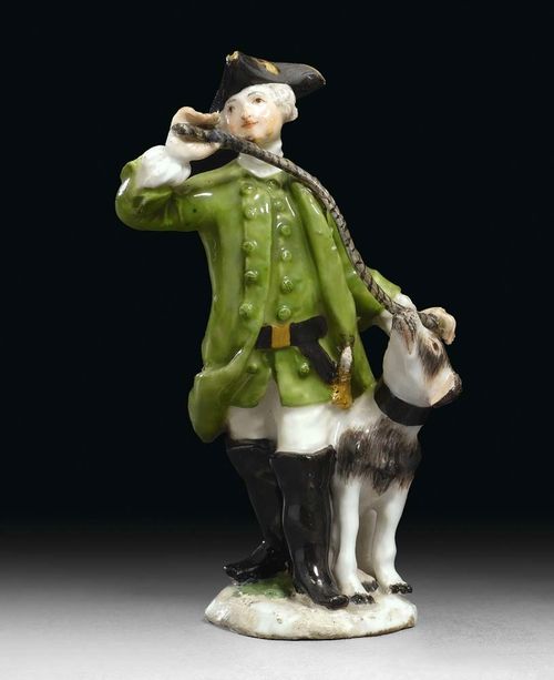 MINIATURE FIGURE OF A HUNTER WITH DOG, Meissen, circa 1755. Model probably by J.J. Kändler or P. Reinicke. Small restorations, H 8.5 cm. Provenance: Private collection, West Switzerland.