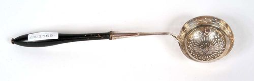SUGAR CASTER SPOON. No maker's mark, probably Switzerland 19th century Wooden handle. L 25 cm, 20 g.