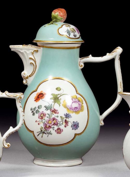 COFFEE POT WITH TURQUOISE GROUND, Meissen, circa 1745.With J-shaped rocaille handle and spout heightened in gold. Painted with bouquets of Manierblumen in gold reserves, the domed lid similarly decorated and with strawberry as finial. Underglaze blue sword mark, painter's mark 70. in purple on both pieces. H 23cm.Gilding slightly rubbed, minor chips, the base overrun in one place. Provenance: from a private collection, Solothurn