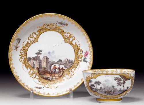 KOPPCHEN UND UNTERSCHALE MIT LANDSCHAFTSKARTUSCHEN, Meissen, um 1745.