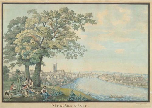 BASEL.-Johann Jakob Aschmann (1747-1809). Vue de la Ville de Basle. Peint J. Aschman. Brown pen and watercolour. 38.5 x 58 cm. With double edging in brown India ink. Entitled and signed in lower margin in pen. Gold frame. - Somewhat browned, with scattered foxing. Worm holes covered with opaque white lower right. In all good condition. Very rare. - From the collection of Hans Jakob Zwicky, Thalwil.