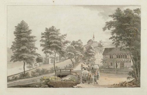 HERRLIBERG.-Johann Jakob Aschmann (1747-1809). Prosp. der Kirche Herrliberg am Zürichsee n.d.N. J. Aschmann fec. No.9. Etching, grey with brown wash and watercolour.  18.2 x 29.2 cm. Engraved title and signature lower centre in the image. Gold frame. - Minor scattered foxing in the lower margin. Otherwise fresh and attractive condition. Very rare. From the collection of Hans Jakob Zwicky, Thalwil.