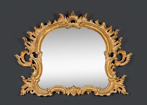 PIERCED AND CARVED GILT WOOD MIRROR, Baroque, South German circa 1750. H 97 cm, W 117 cm.