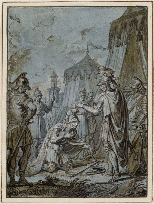 AUGSBURG, 17TH CENTURY Scene of surrender set against a military camp in the background. Pen and brush in grey, heightened in white. On hand-made paper with blue ground. 11 x 8.2 cm.
